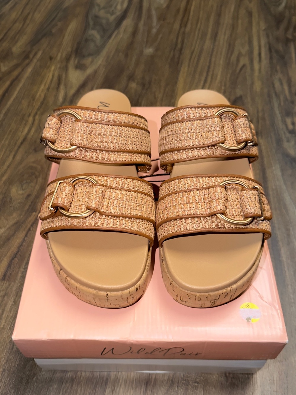 Wild Pair Tan Braided Double-Strap Slide Sandals with Gold Buckles